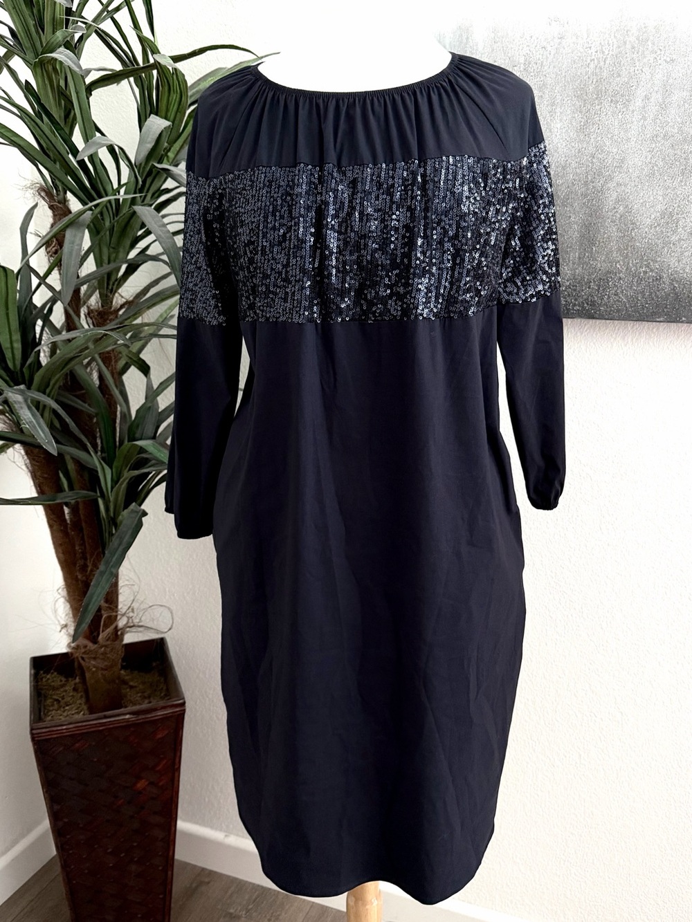 Joseph Ribkoff Black Sequin Panel Dress Elegant Cocktail Evening Dress